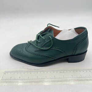 FSJ Women Green Leather Oxford Shoes Round Cap Toe Lace Up Brogues Shoes